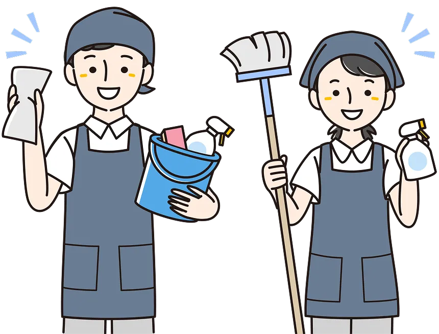 掃除用具を持った笑顔の作業員のイラスト